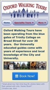 Screenshot of Oxford Walking Tours’s website on a mobile phone