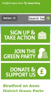 Screenshot of Stratford-on-Avon District Green Party’s website on a mobile phone