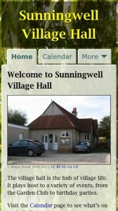 Screenshot of Sunningwell Village Hall’s website on a mobile phone